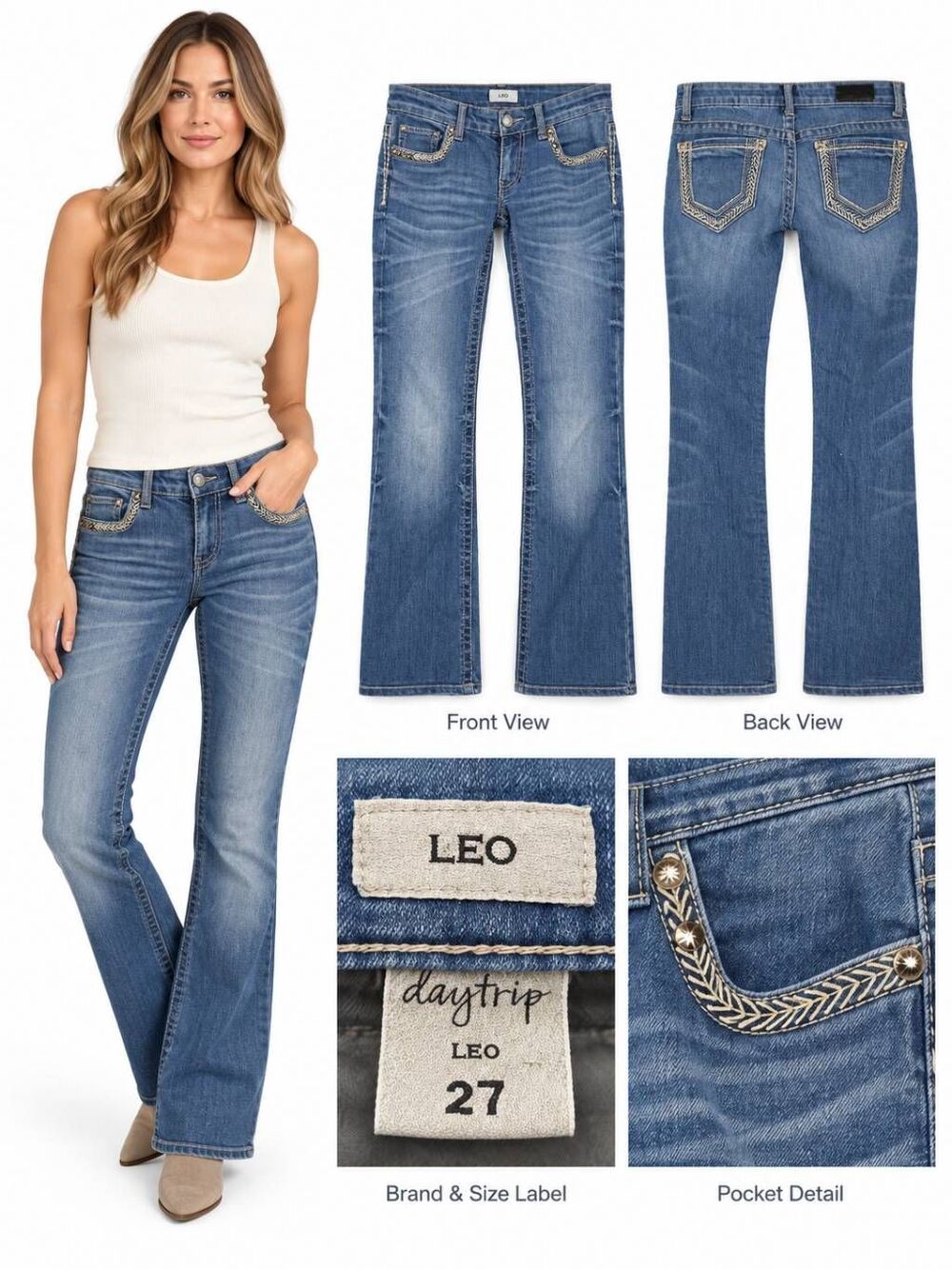Daytrip LEO 27 Bootcut Jeans Embroidered Pocket Stretch